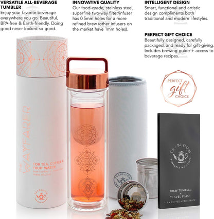 Teabloom All-Purpose Beverage Tumbler – 15 oz / 450 ml Insulated Glass Bottle – Tea, Coffee, Fruit Infused Water – All-Temperature Travel Mug – Stainless Steel Infuser Basket – The Wayfarer Tumbler