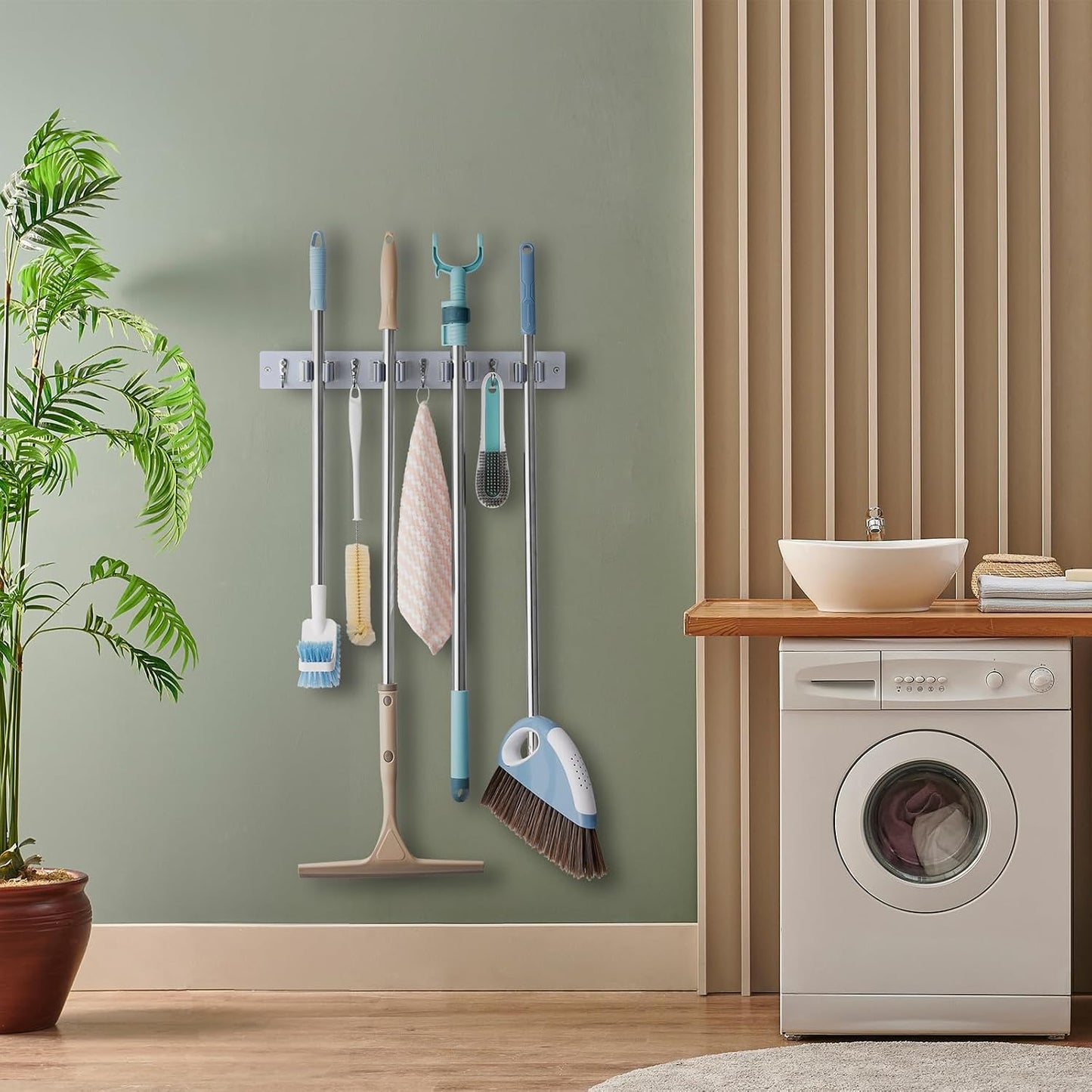 OUTNILI Mop and Broom Holder Wall Mount - Wood Broom Mop Hanger - Wall Mounted Garden Tool Rack Organizer for Closet Garage Laundry Room, Rustic Kitchen Decor With 4 Slots & 4 Hooks