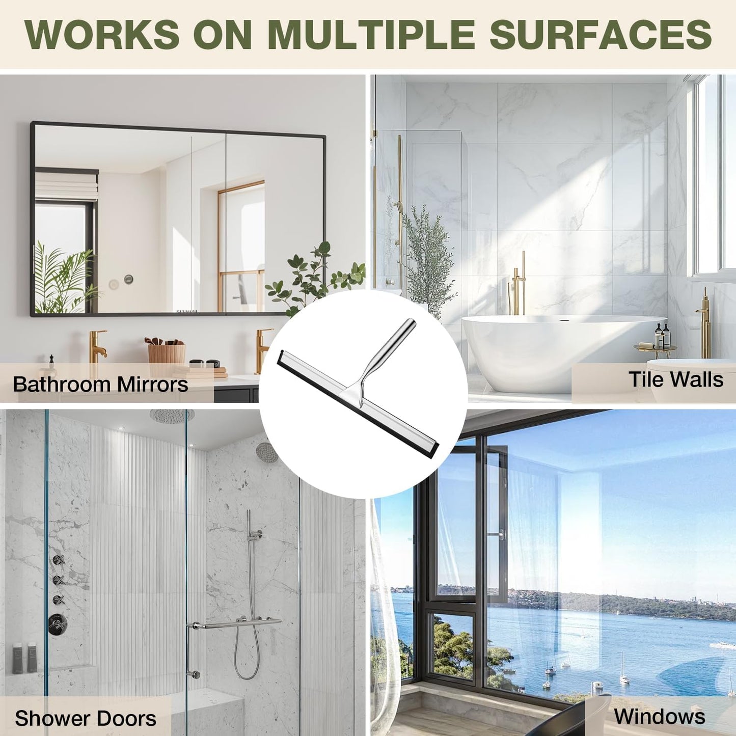 FARMER 10-Inch Shower Squeegee for Glass Doors, Windows and Mirrors, Black | Suction Wall Hook, Over-Door Hook, Non-Scratch Blade with Quiet Glide for Multi-Surface Cleaning on Glass, Tile and Mirrors