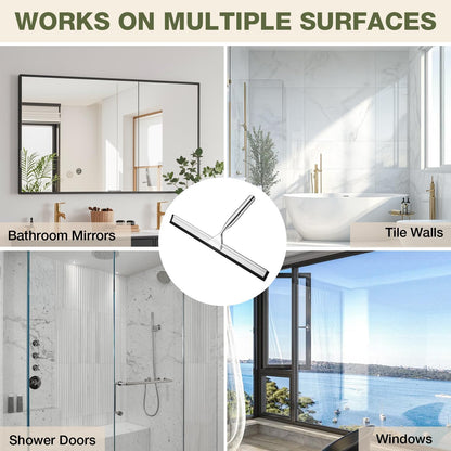FARMER 10-Inch Shower Squeegee for Glass Doors, Windows and Mirrors, Black | Suction Wall Hook, Over-Door Hook, Non-Scratch Blade with Quiet Glide for Multi-Surface Cleaning on Glass, Tile and Mirrors