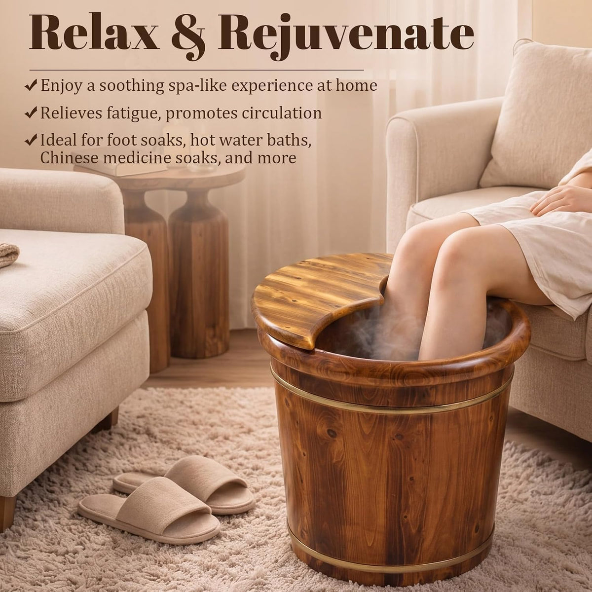 Geelin 15.75" Wooden Foot Bath Bucket with Lid & Massage Roller, Thick Insulated Spa Foot Soak for Relaxation, Massage Soles, Circulation, Elderly & Athletes, Home & Family Use