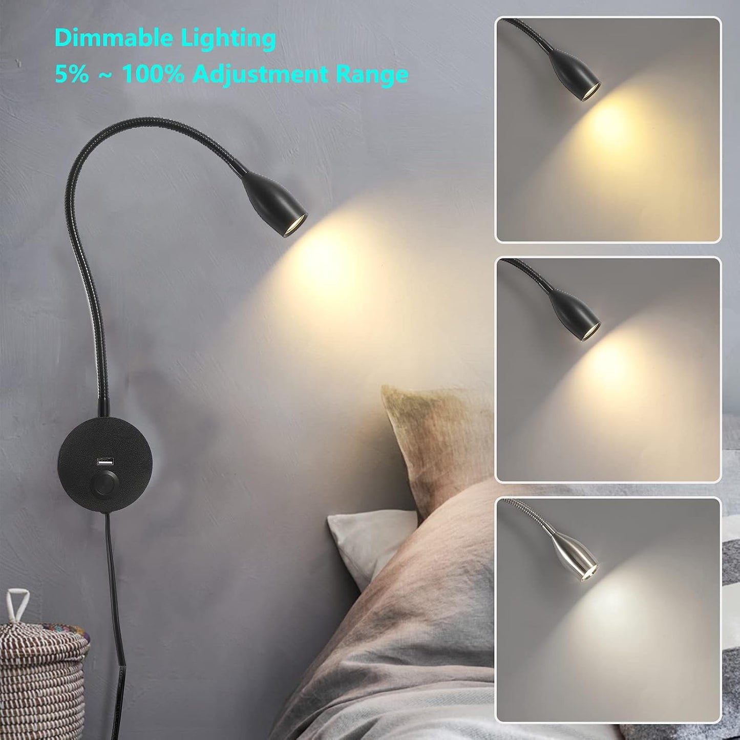 LED Wall Reading Light with USB Charging Port, Touch Dimmable Switch Gooseneck Bedside Lamp, Flexible Arm, 3W (Black, 120V Plug in, Warm White)