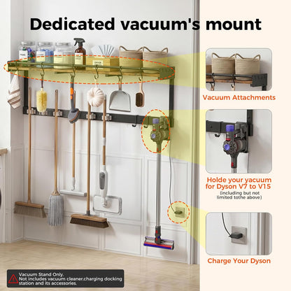 Broom Holder Wall Mount with Shelf, Black, L | 3 in 1 Broom and Mop Organizer, Wall Hanging, For Laundry, Garage, Utility, Vacuum Stand Alternative