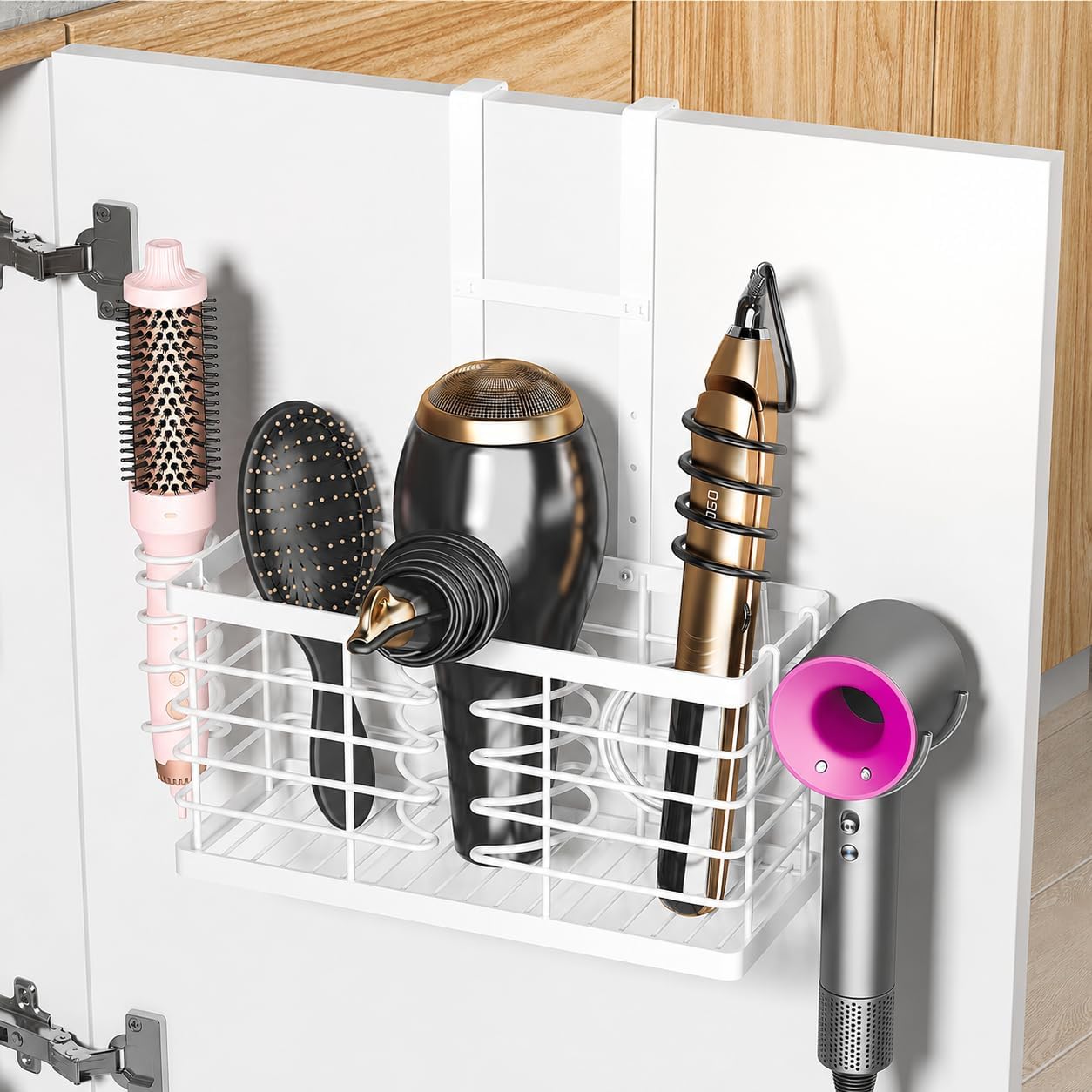 2026 Upgraded 3-in-1 Universal Hair Tool Organizer, XL Size, Black | Adjustable Height Metal Hair Dryer Holder, Wall Mounted, Over Cabinet Door, Countertop, Bathroom Storage