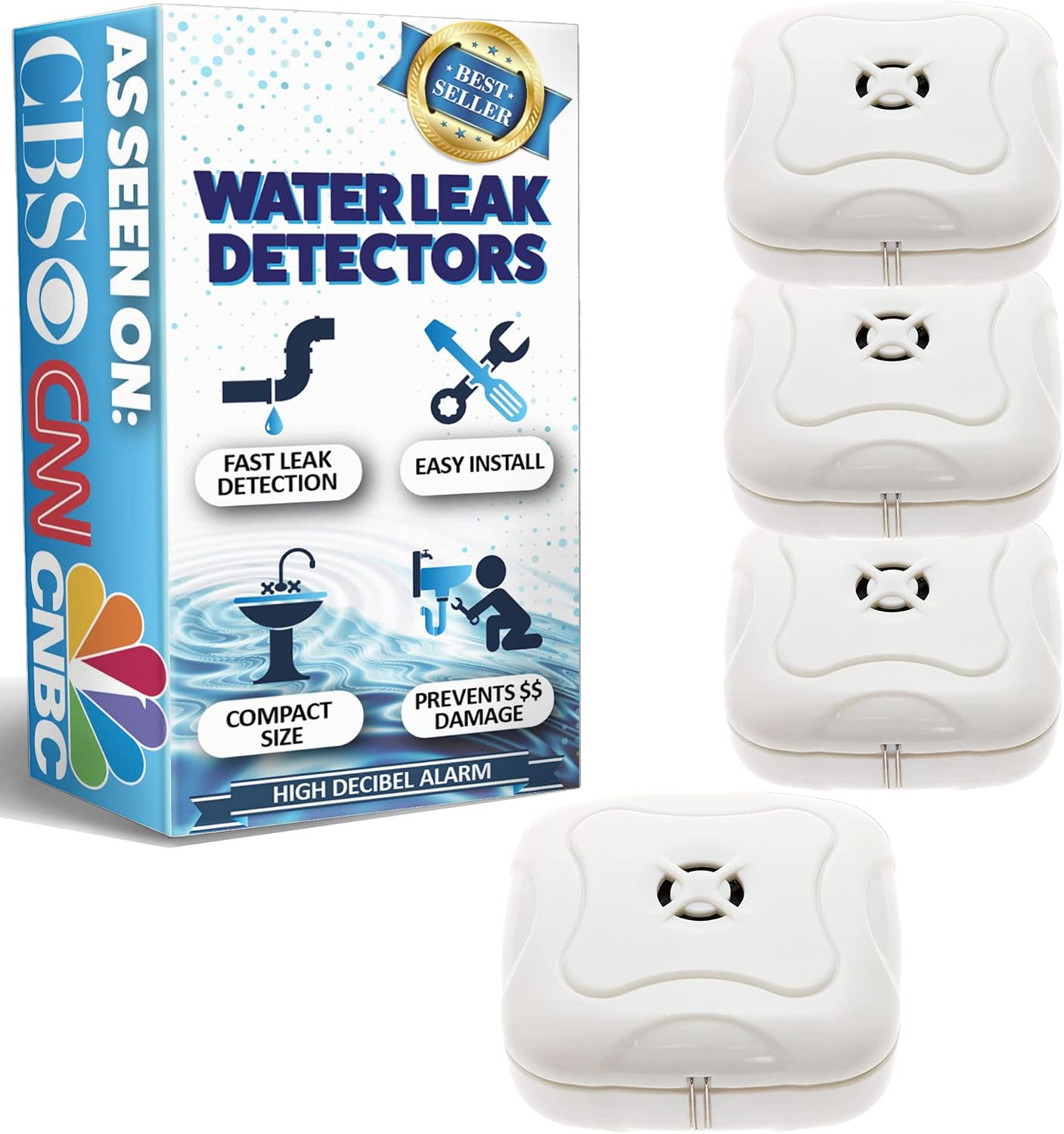 2 Pack Water Leak Detector - 95 dB Flood Detection Alarm Sensor for Bathrooms, Basements, Laundry Rooms, Garages, Attics and Kitchens by Mindful Design (White, 2 Pack)