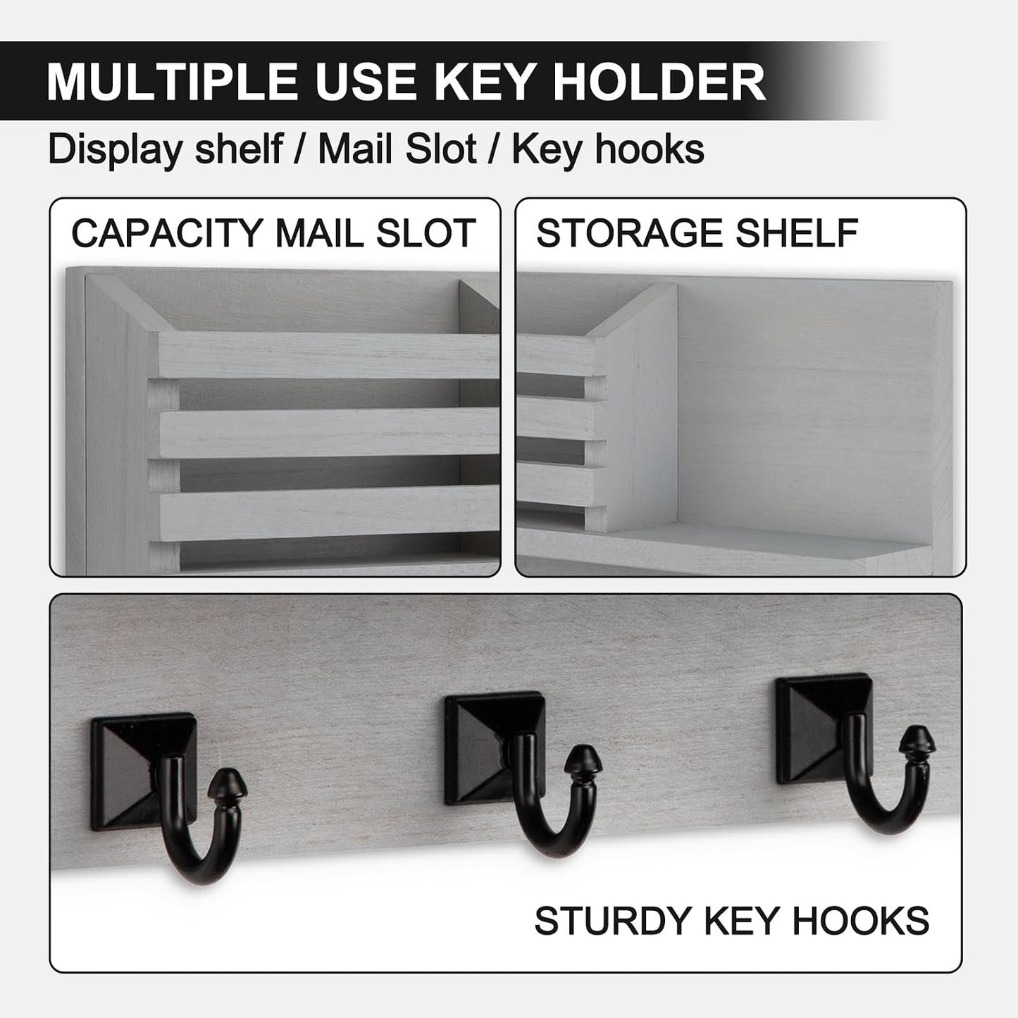 Key Holder Wall Mount, Mail Organizer for Wall with 5 Square Key Hooks | Key Holder for Wall, Key Holder with Shelf Farmhouse Home Decor for Home Entryway