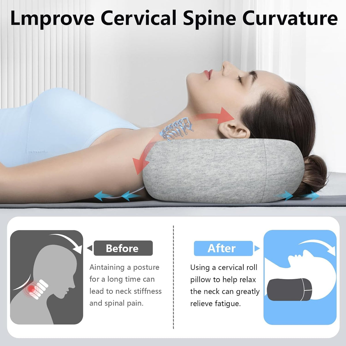 Cervical Neck Roll Pillow, Say Goodbye to Neck Pain, Travel Neck Support Pillow for Side Sleepers, Ergonomic Memory Foam Camping Pillow, Cervical Traction Device with Storage Bag (Blue)