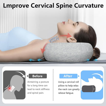 Cervical Neck Roll Pillow, Say Goodbye to Neck Pain, Travel Neck Support Pillow for Side Sleepers, Ergonomic Memory Foam Camping Pillow, Cervical Traction Device with Storage Bag (Blue)