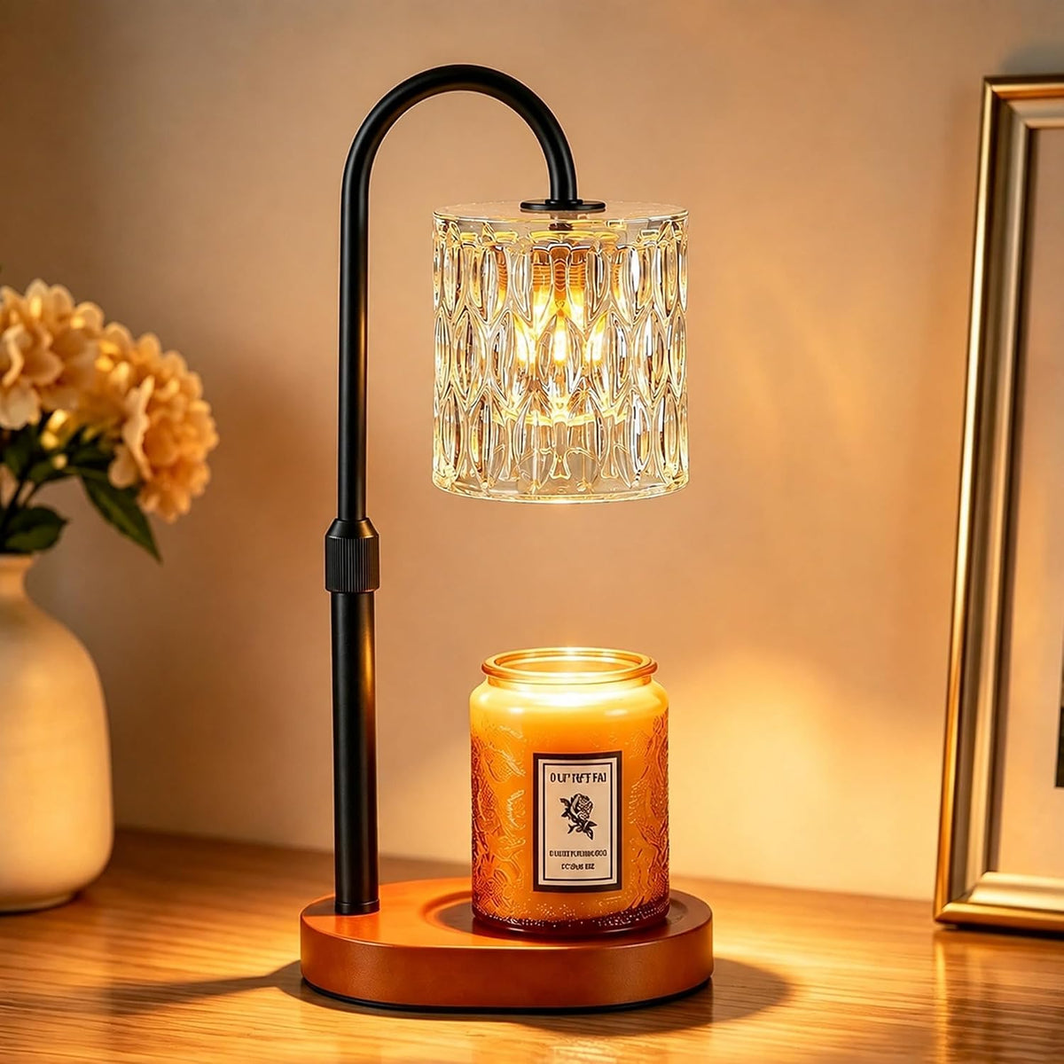 Dreamholder Electric Candle Warmer Lamp with Timer, Dimmable Candle Lamp with Adjustable Height, Wax Melter for Jar Candles Wood Base Floral Home Decor Gifts for Women Mom, Silver Glass