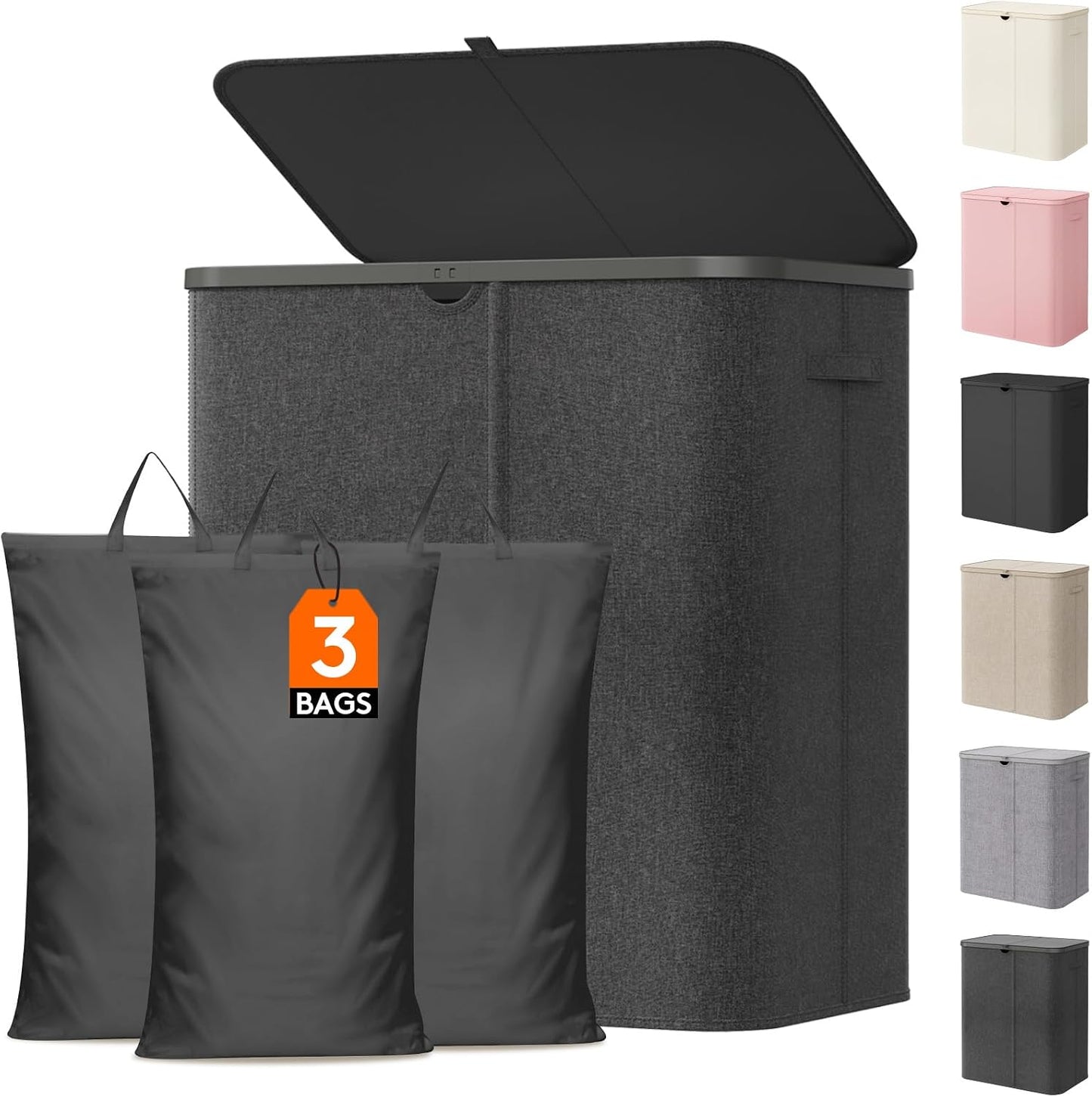 Lifewit 185L 3 Section Laundry Hamper with Lid, Laundry Basket, Beige | Large Foldable Laundry Sorter with 3 Removable Bags, Tall Clothes Hamper for Bedroom and Bathroom