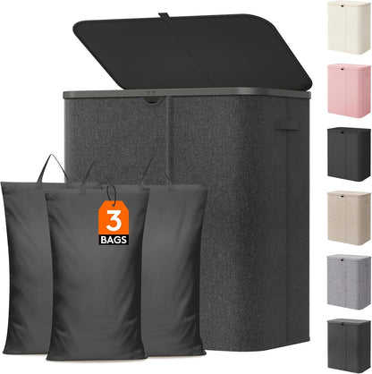 Lifewit 185L 3 Section Laundry Hamper with Lid, Laundry Basket, Beige | Large Foldable Laundry Sorter with 3 Removable Bags, Tall Clothes Hamper for Bedroom and Bathroom