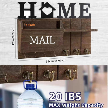 Rustic Wall Key Holder with Shelf & Hooks - Mail Organizer for Entryway | Wooden Key Rack for Keys, Coats, Dog Leash - Brown