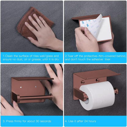 VAEHOLD Self Adhesive Toilet Paper Holder with Phone Shelf Stainless Steel Wall Mounted Toilet Paper Roll Holder - Rustproof and Bathroom Washroom Tissue Roll Holder with Shelf - Black