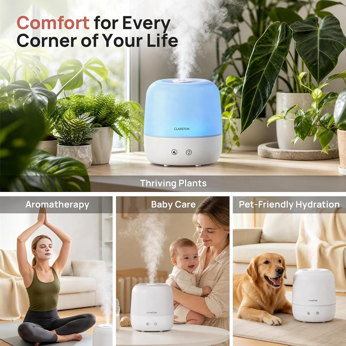 Clarston 2L Cool Mist Humidifier for Bedroom with 360° Adjustable Nozzle, High and Low Mist Levels, Ultra-Low Noise, Light-Off, No BPA, Auto Shut Off, Ideal Baby Humidifier with Easy Top Filling