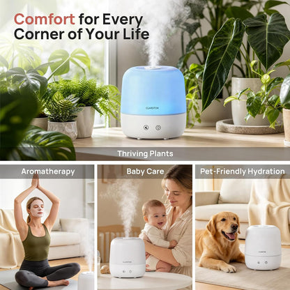 Clarston 2L Cool Mist Humidifier for Bedroom with 360° Adjustable Nozzle, High and Low Mist Levels, Ultra-Low Noise, Light-Off, No BPA, Auto Shut Off, Ideal Baby Humidifier with Easy Top Filling