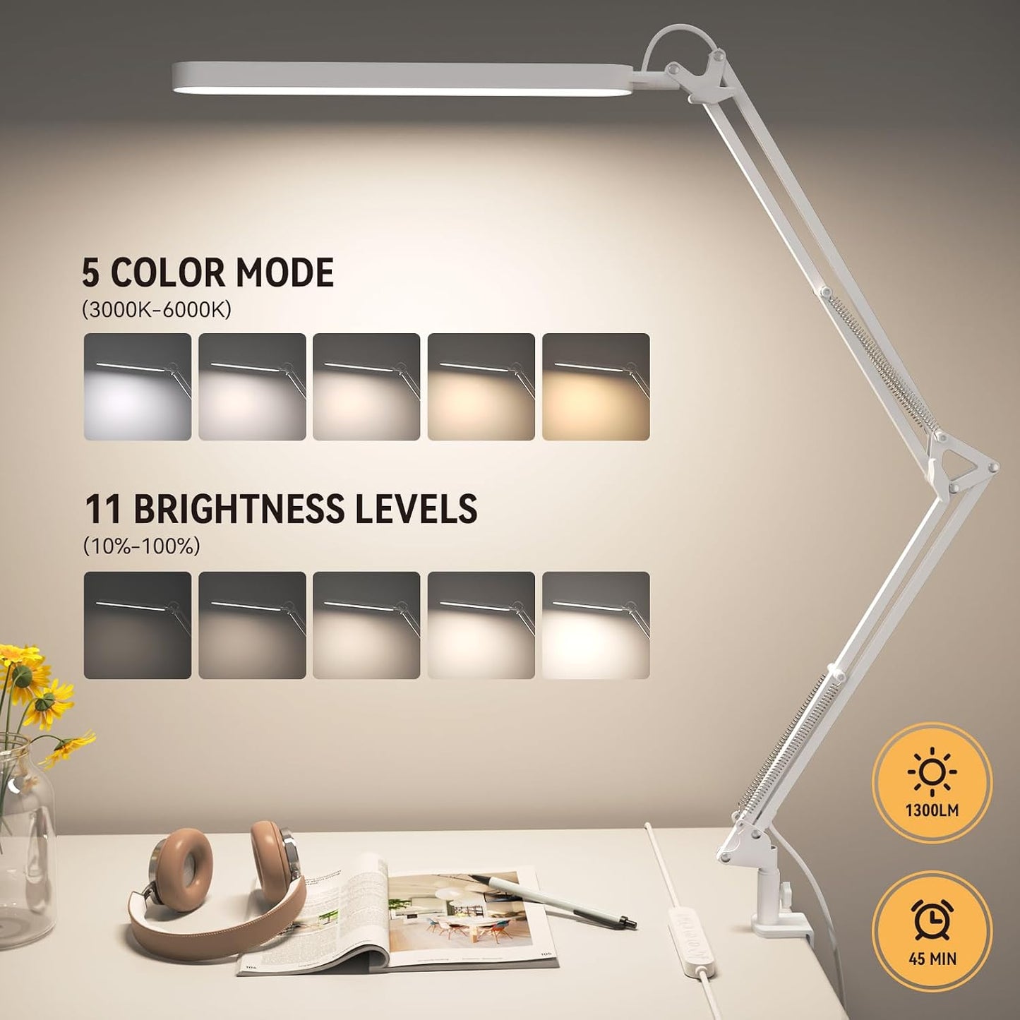 SKYLEO Desk Lamp for Home Office, Eye Comfortable LED Desk Light for Long Hours, Adjustable Swing Arm with Memory Function, Black