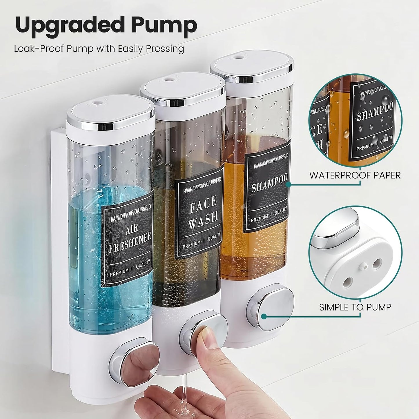 Wall Mounted Shower Soap Dispenser 3 Chamber,No Drill Shower Dispenser | Shampoo and Conditioner Dispenser for Bathroom Hotel Large Capacity, each 300ml with two waterproof labels,Gold