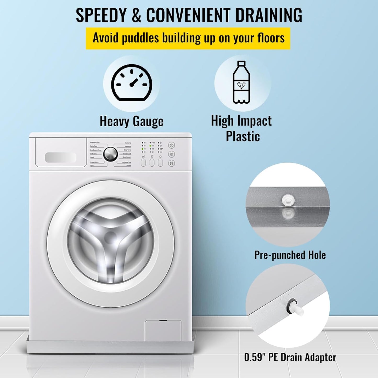 VEVOR 32 x 30 x 2.5 Inch Washing Machine Pan 18 GA Thickness 304 Stainless Steel Heavy Duty Compact Washer Drip Tray with Drain Hole & Hose Adapter