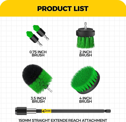Holikme 6Pc Drill Brush Set - Soft Bristles with Extension for Home Clean | 5 Head Sizes, Yellow Nylon Fibers, Power Scrubber Attachments for Tile, Tub, Shower, Floors, Kitchen and Auto Interior Care