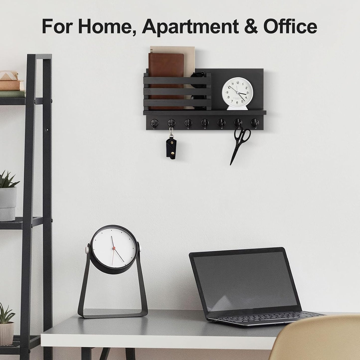 Lwenki Key Holder for Wall – Decorative Wooden Mail Holder and Key Shelf with Mounting Hardware, Installation Guide – Paulownia Wood with Metal Key Hooks (Black, Large - 11.8inch)