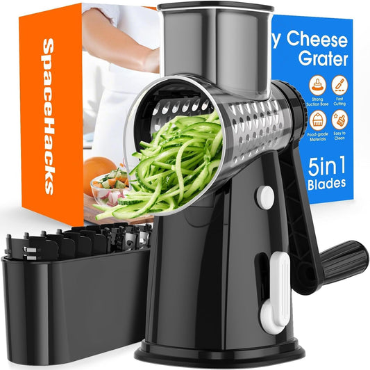 Rotary Cheese Grater Hand Crank with 5 Interchangeable Blades, Vegetable Slicer Chopper for Fruit Vegetable Nuts, Mandoline Slicer for Kitchen with Blades Rack & Suction Base, White