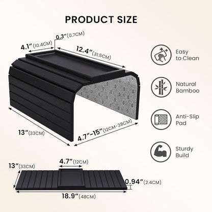 Bamboo Folding Sofa Arm Tray with Anti-Slip Pad (Natural) | Couch Armrest Tray,Foldable Build, Space-Saving Storage, No Assembly, easy to clean, universal arm fit,Gift box