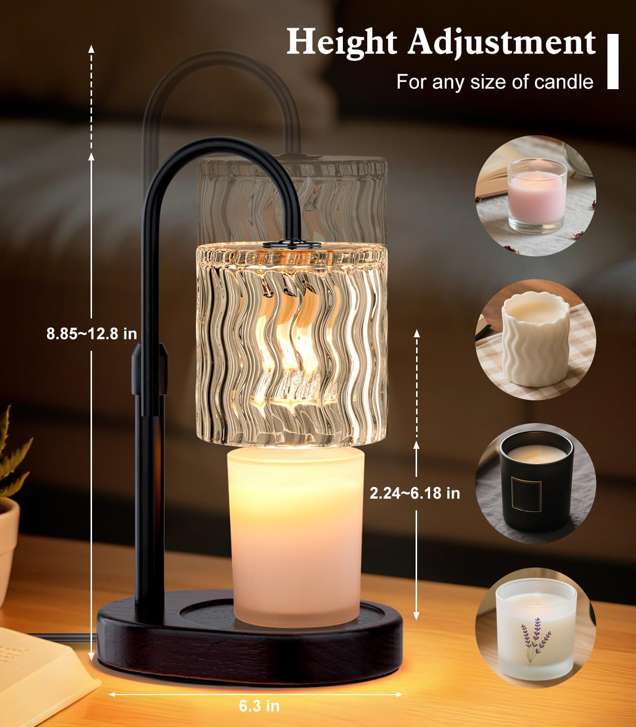 Candle Warmer Lamp Electric Timer: Dimmable Candles Warming Lamps - Height Adjustable Burner Jar - No Flame Scented Melts Wax - All Candle Jars Home Decor Table Light
