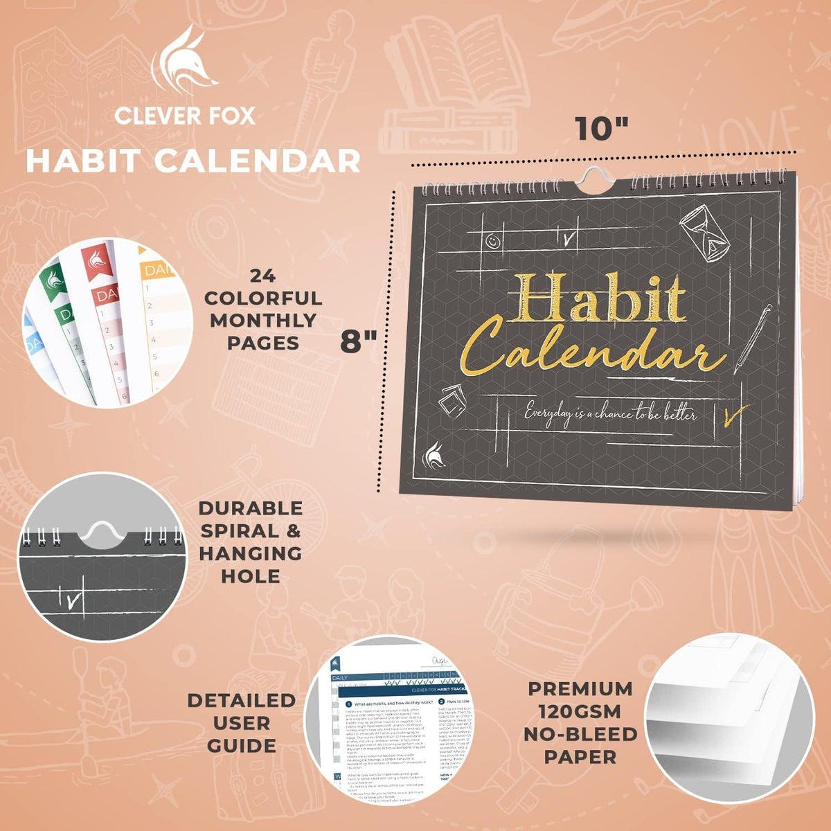 Clever Fox Habit Tracker Calendar, 24-Month Daily Goal Journal Black