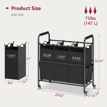 2 Bag Laundry Sorter Cart, Black & Grey | 50lbs Large Capacity, Removable Laundry Bags, Heavy Duty Lockable Rolling Wheels, Laundry Hamper Basket for Clothes Storage
