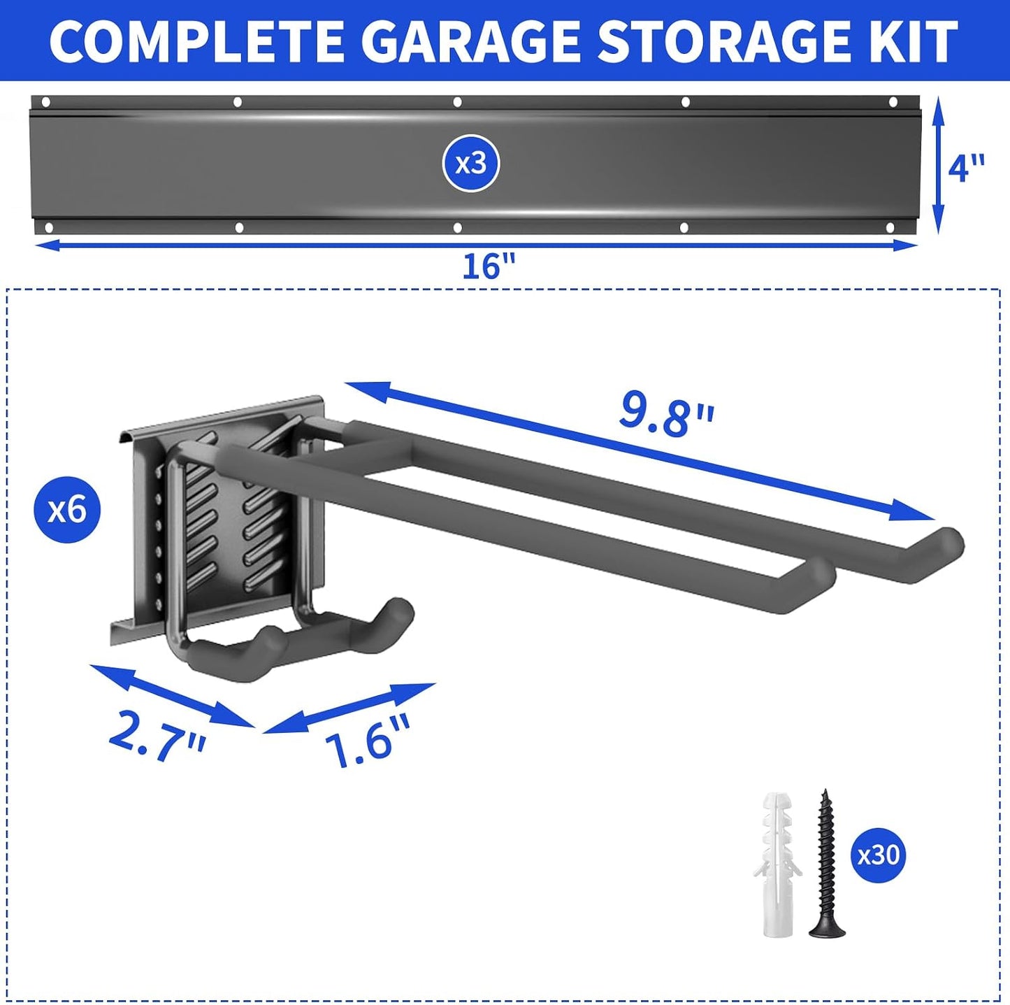 Garage Tool Organizer Wall Mount, 48 Inch Heavy Duty Garden Tool Organizer Storage System, Easy Install with 6 Adjustable Straight Hooks, for Garage, Basement, Shed, Workshop, Black, Steel