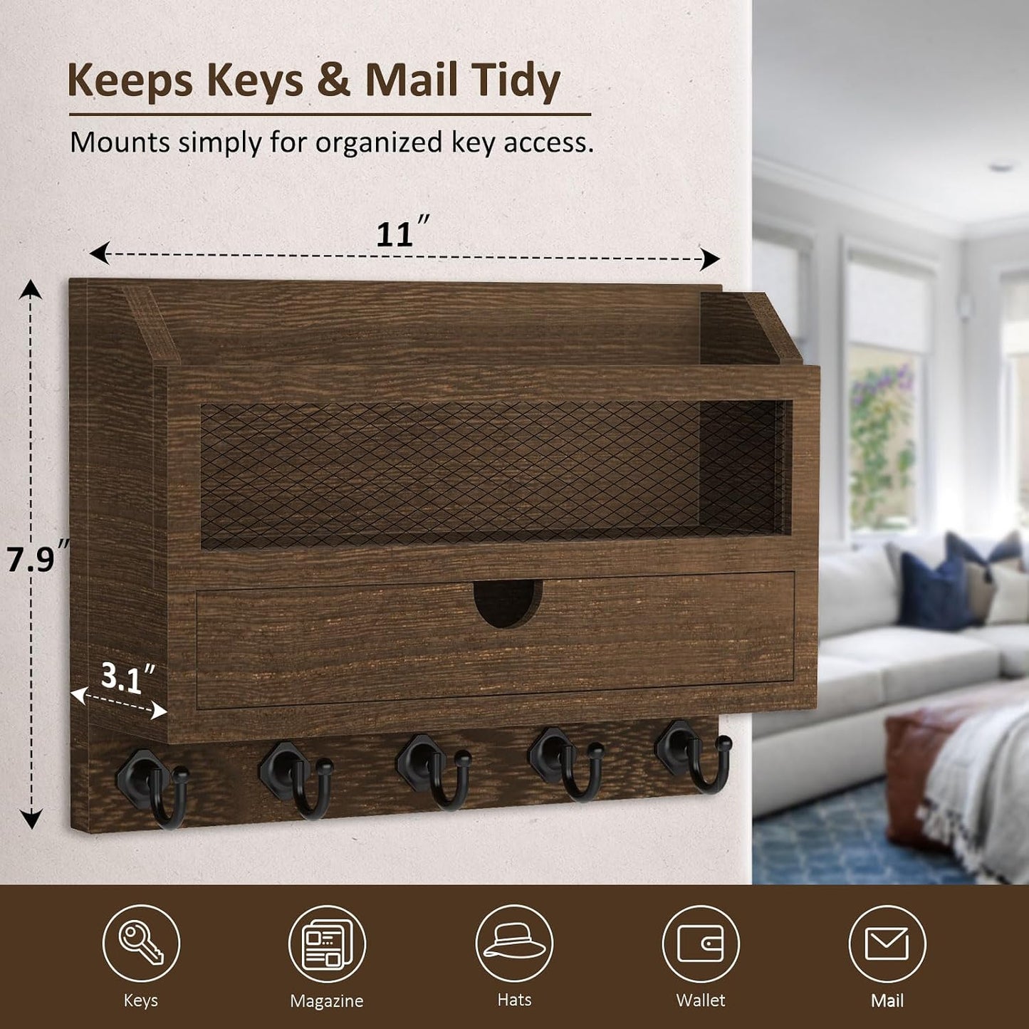 Nekon Key and Mail Holder for Wall, Key Organizer with Drawer, White | 11"W x 7.9"H x 3.1"D Wooden Key Rack with 5 Hooks, Mail Organizer for Home Decor