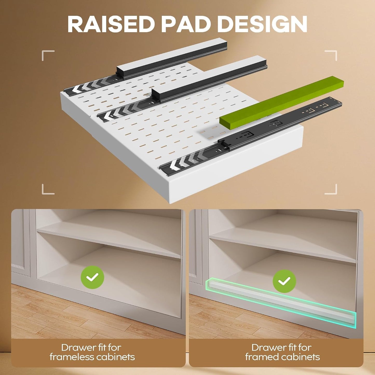 Seinloes 2Pack Pull out Cabinet Organizer 21"Deep with 4 Adjustable Dividers,Expandable（12.1"-20.4"W） Pots and Pans Organizer Under Cabinet with Raising Pad for Framed Cabinets,Slide out Drawers,White