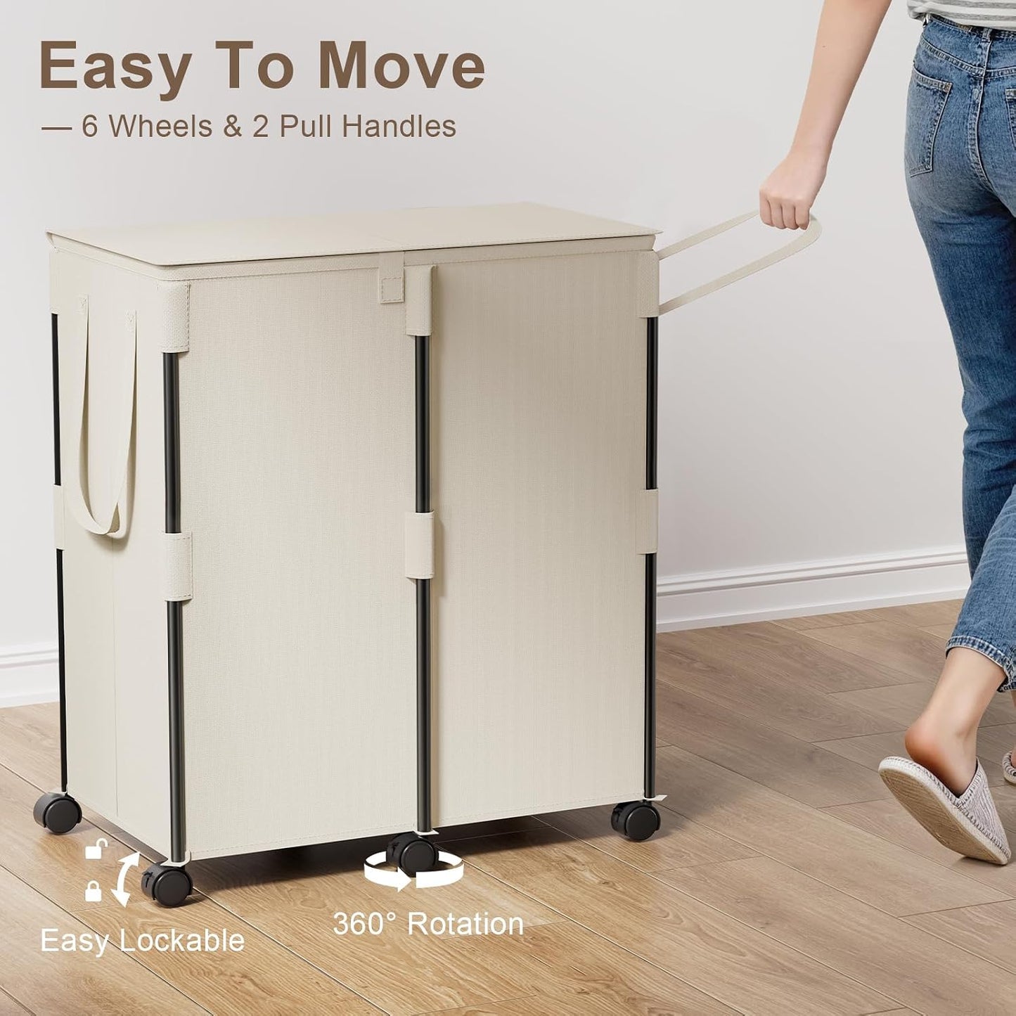 140L Double Laundry Hamper with Lid and 6 Wheels, Rolling Laundry Basket | Gasvadivum Metal Frame Laundry Sorter 2 Section with 2 Removable Bags, Large Clothes Cart for Bedroom, Bathroom, Black