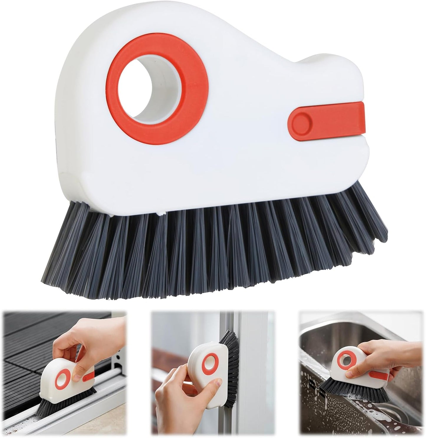 2 in 1 Groove Cleaning Brush, Grout Cleaner Tool & Multifunction Window Track Cleaner (with Hidden Scraper or Mini Dustpan) – for Glass Door Tracks, Window Sills, Sliding Doors (Orange)