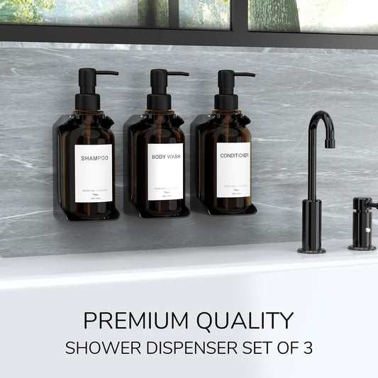 Modern Shampoo and Conditioner Dispenser - Shower Soap Dispenser Wall Mounted - 3-Pack 16 oz Plastic Amber Bottles with Black Pumps - Stylish Shampoo Dispenser, Shower Dispenser 3 Chamber No Drill