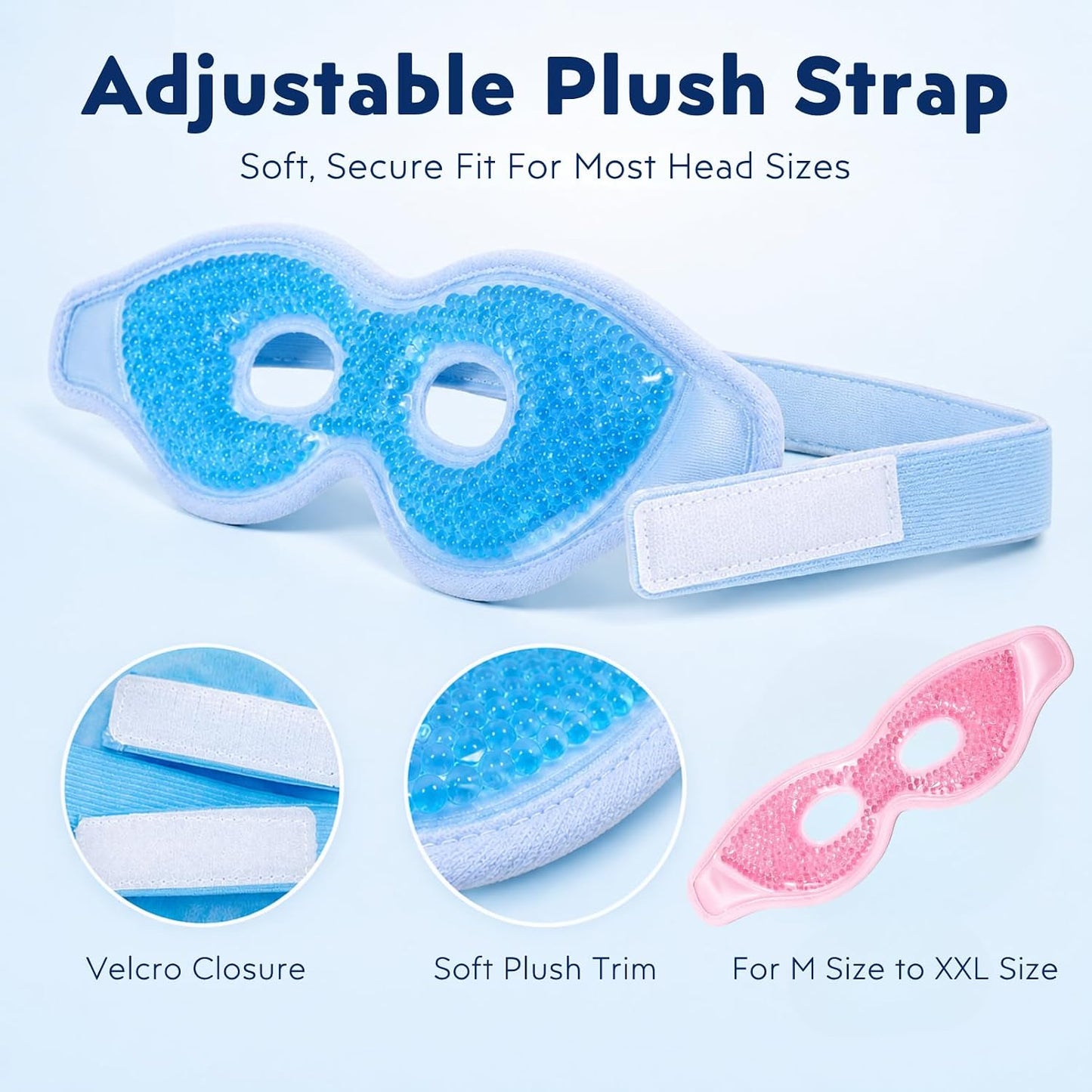 Gel Eye Mask, Reusable Hot & Cold Cooling Eye Mask, Cold Compress for Puffy Eyes, Eye Cooling Gel Beads Sleeping Mask, Adjustable Plush Strap — Stays Cool 30 Mins - 2 Pack