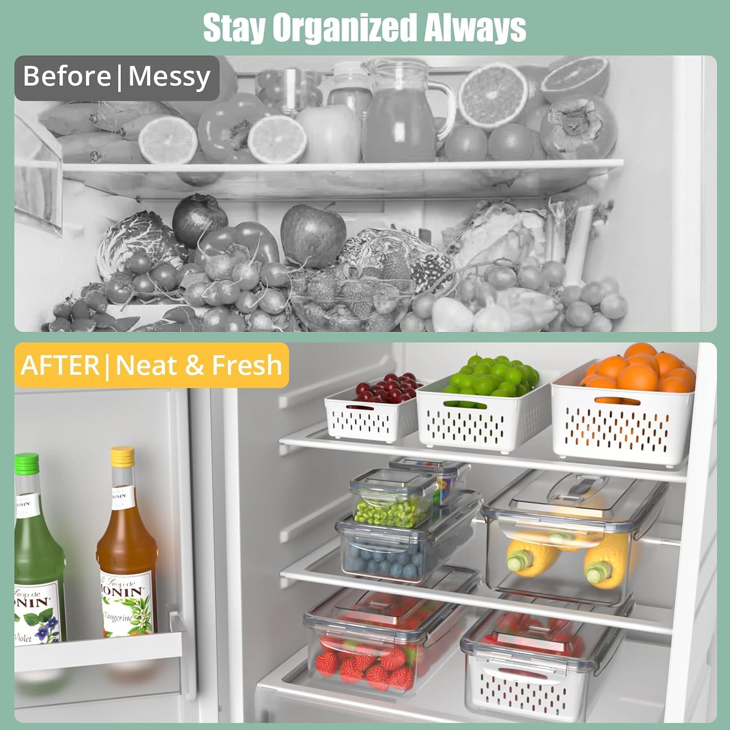 Anysig 5 Pack Fridge Fruit Storage Containers with Colander & Handle Lids | Airtight Fruit Containers for Fridge, Refrigerator Organizers and Storage, Dishwasher Safe, Keep Berry Fruit Fresh Longer