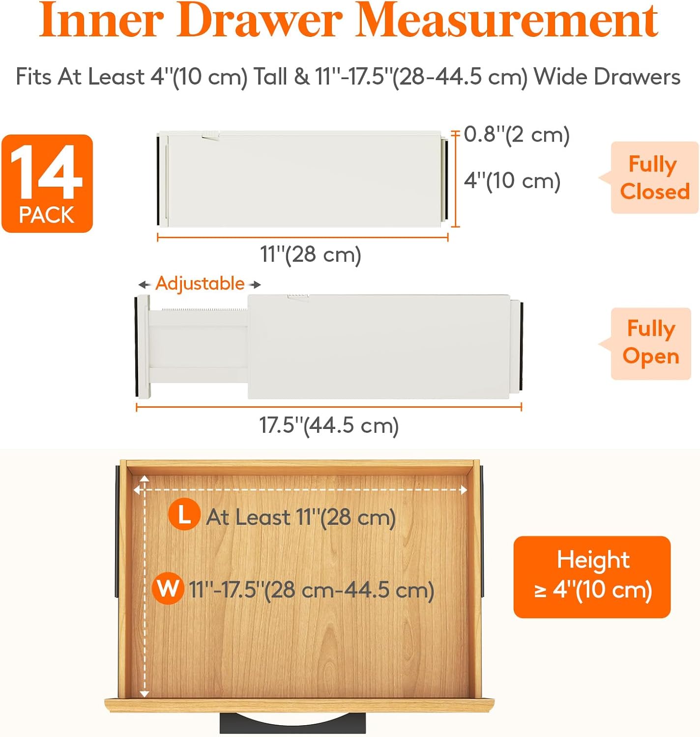 Lifewit 14 Pack Drawer Dividers for Clothes, 10.9-16" Adjustable Drawer Organizers, 4" High Plastic Expandable Drawer Separators in Bedroom/Office/Bathroom/Kitchen Storage, White | 14 Pack 11-17" Expandable White Plastic Drawer Separator for Dresser,