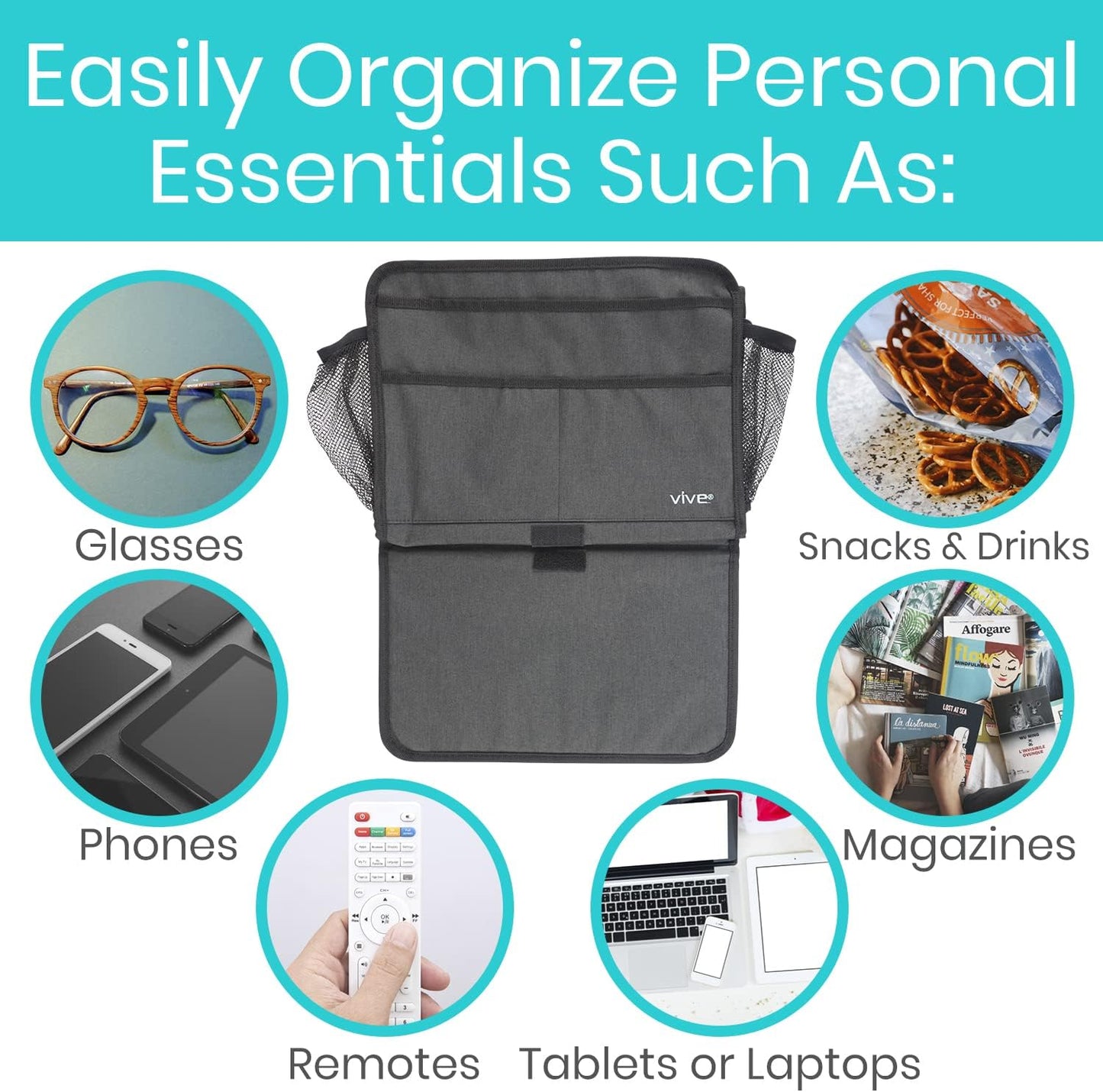 Vive Bedside Caddy - Bed Hanging Organizer - Storage Bag Shelf for College Dorm, Bedroom, Couch, Bunk - 8 Large Pockets with Charger Slots for Men and Women - Slides Under Mattress - Handle for Travel | Dorm, Bedroom, Couch, Bunk - 8 Large Pockets with