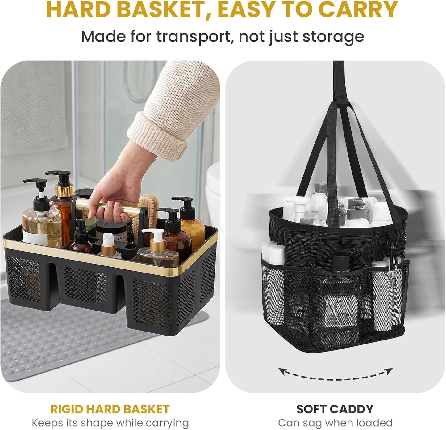 BYUNER Portable Cleaning & Shower Caddy with Handle: Rigid Plastic Basket with 4 Divided Compartments, All-Side Drainage for College Dorm, Bathroom & Utility Use, Black/Gold