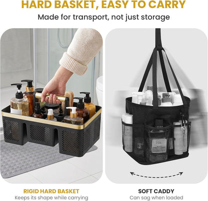 BYUNER Portable Cleaning & Shower Caddy with Handle: Rigid Plastic Basket with 4 Divided Compartments, All-Side Drainage for College Dorm, Bathroom & Utility Use, Black/Gold