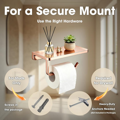 TRUSTMI Toilet Paper Holder with Phone Shelf, Zinc Alloy, Brushed Gold | Solid zinc alloy holder holds 15 lbs and fits jumbo rolls. Shelf stores phones and wipes for easy bathroom organization