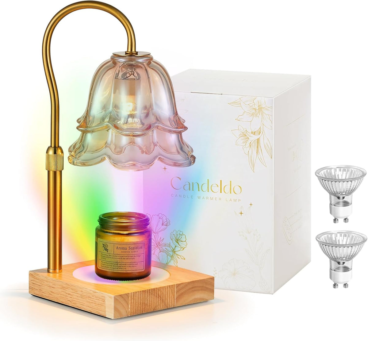 Candeldo Candle Warmer Lamp with Timer, Gold Flower Glass Shade