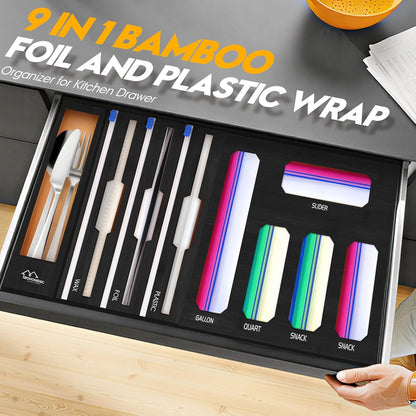 9 in 1 Foil and Plastic Wrap Dispenser with Cutter, Black Bamboo Ziplock Bag Organizer for Drawer - Holds Gallon, Quart Bags & Aluminum Foil/Wax Paper, Wall Mountable Kitchen Storage