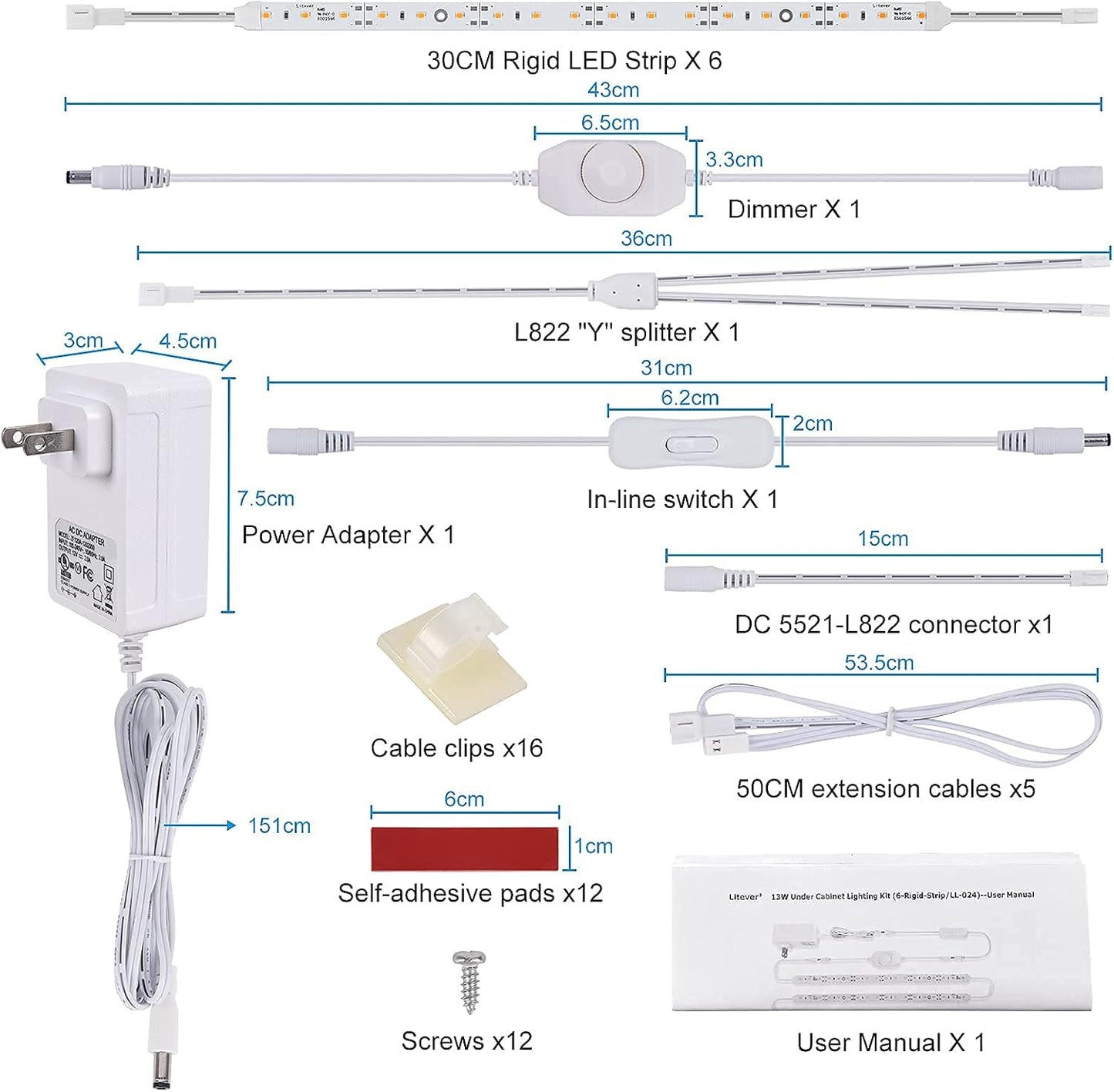 Motion Sensor LED Strip Lighting Kit. Plug in. Perfect to Work as Motion Activated Lighting for Under Cabinets Closets Wardrobe Hallway Stairs Beds Garage Kitchen. 6-Rigid-Strip. Warm White 2700K.