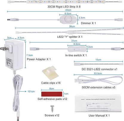 Motion Sensor LED Strip Lighting Kit. Plug in. Perfect to Work as Motion Activated Lighting for Under Cabinets Closets Wardrobe Hallway Stairs Beds Garage Kitchen. 6-Rigid-Strip. Warm White 2700K.
