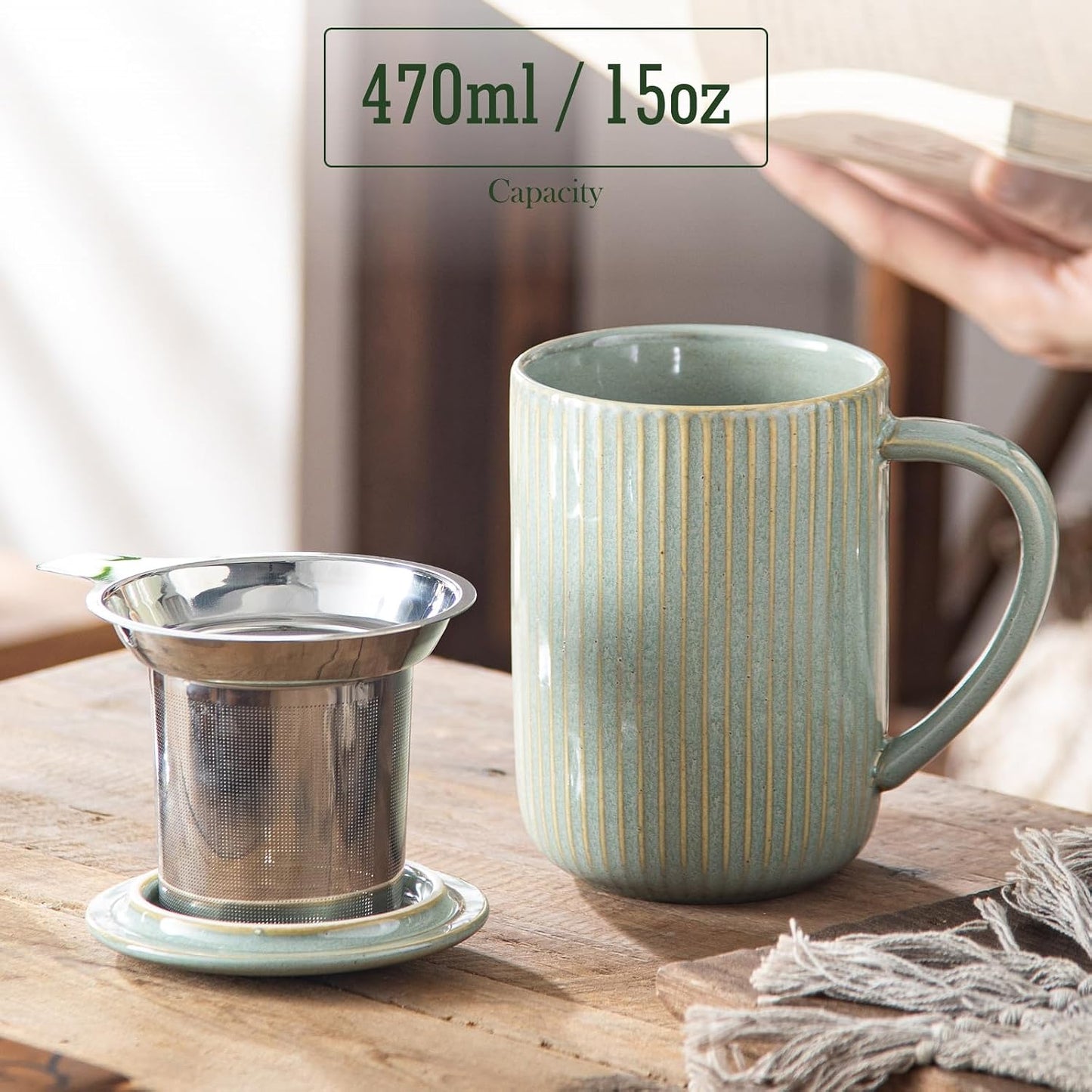 Yundu 15.5oz/470ml Flambe Purple Ceramics Teacups with Infuser and Lid, Loose Leaf Tea Cup