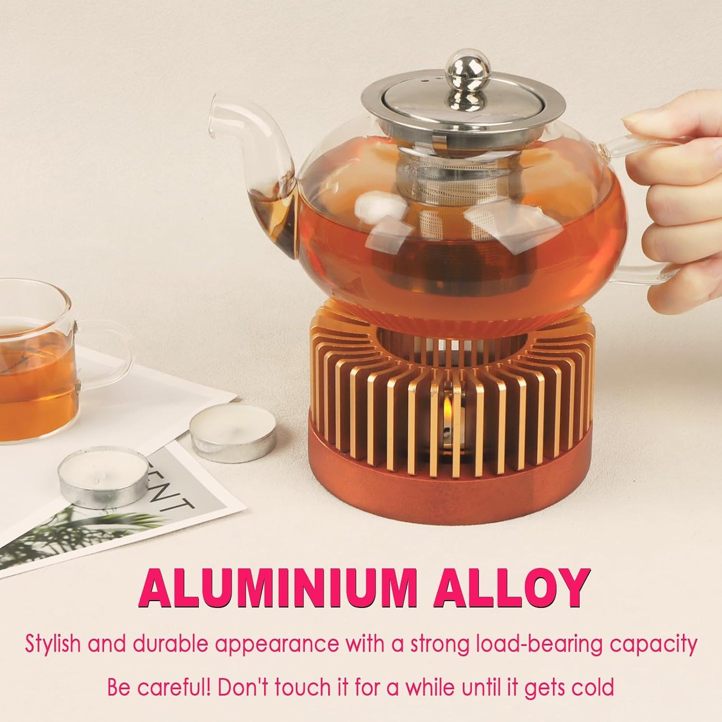 Teapot Warmer, Aluminum Alloy & Wood Tea Warmer with Tealight Holder, Rose Gold Teapot Heater for Heating Coffee, Milk, Food Indoors and Outdoors, Suitable for All Teapots