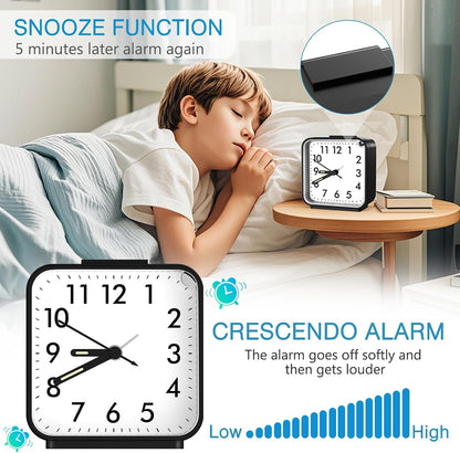 AMIR Analog Alarm Clock, Silent Non Ticking Small Clock, Travel Alarm Clock with Snooze & Light, Ascending Beep Sounds, Battery Operated Loud Alarm Clock for Bedroom, Bedside, Desk (Black)