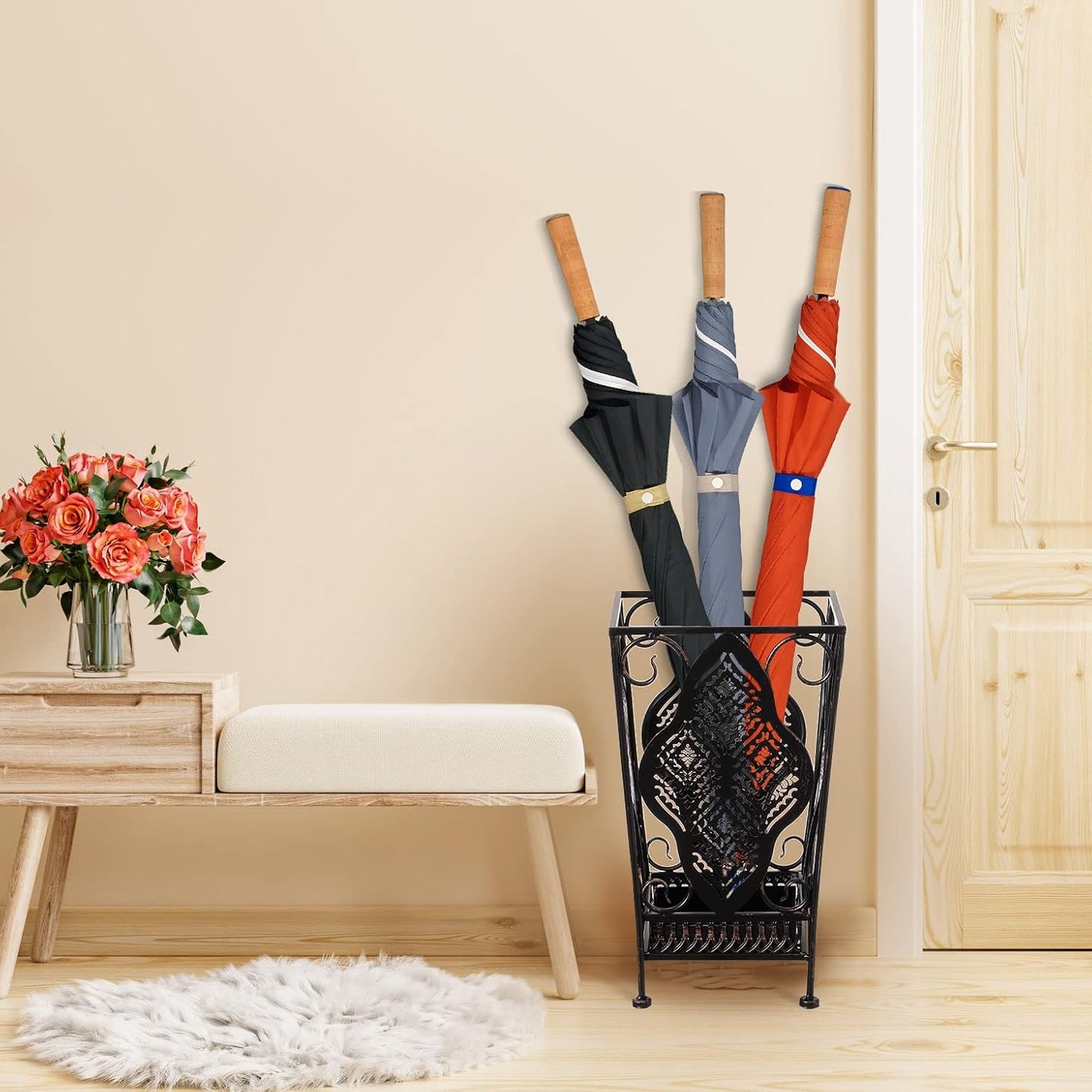 Dualplex Umbrella Holder Umbrella Stand Rack Metal Entry Hallway Décor w/Removable Drip Tray for Home Office Holds Umbrellas Canes Walking Sticks 16" Tall (Square, Antique)